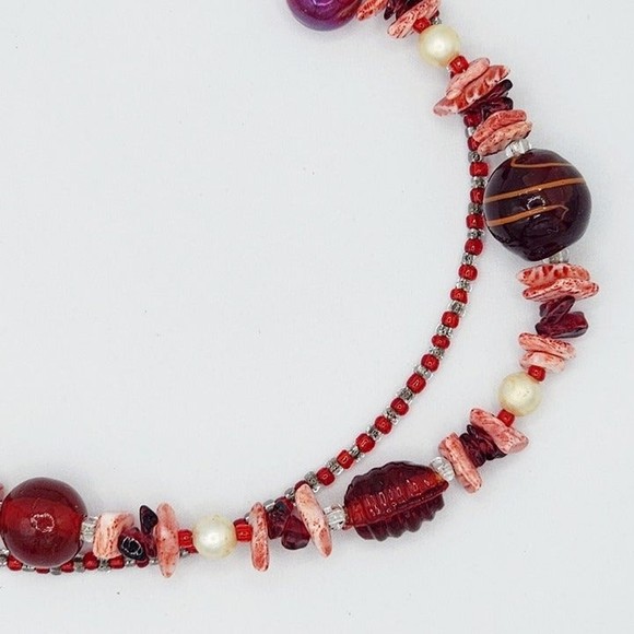 Murano Style Art Glass & Sea Shell Necklace 17"  Double Strand Seed Bead Pearls - Picture 4 of 4